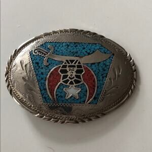 Metal Belt buckle Egyptian with Sword Silver with Teal and Red